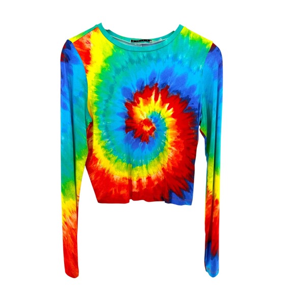 Alice + Olivia Delaina Cropped Top Rainbow Tie Dye Long Sleeve L Festival Rave - Picture 4 of 8